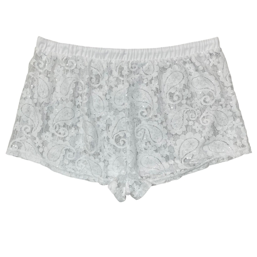 XL White Lace Paisley Sequin Coverup Beach Festival Shorts Drawstring Waist NEW